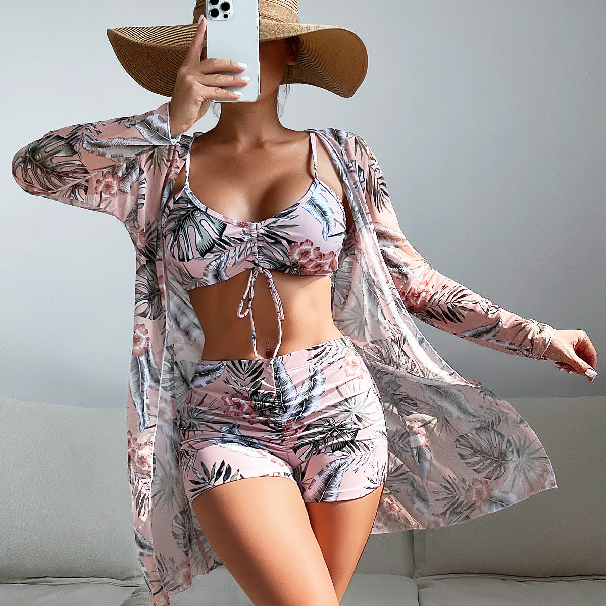 Conjunto de tres piezas de traje de baño de poliéster dividido al por mayor